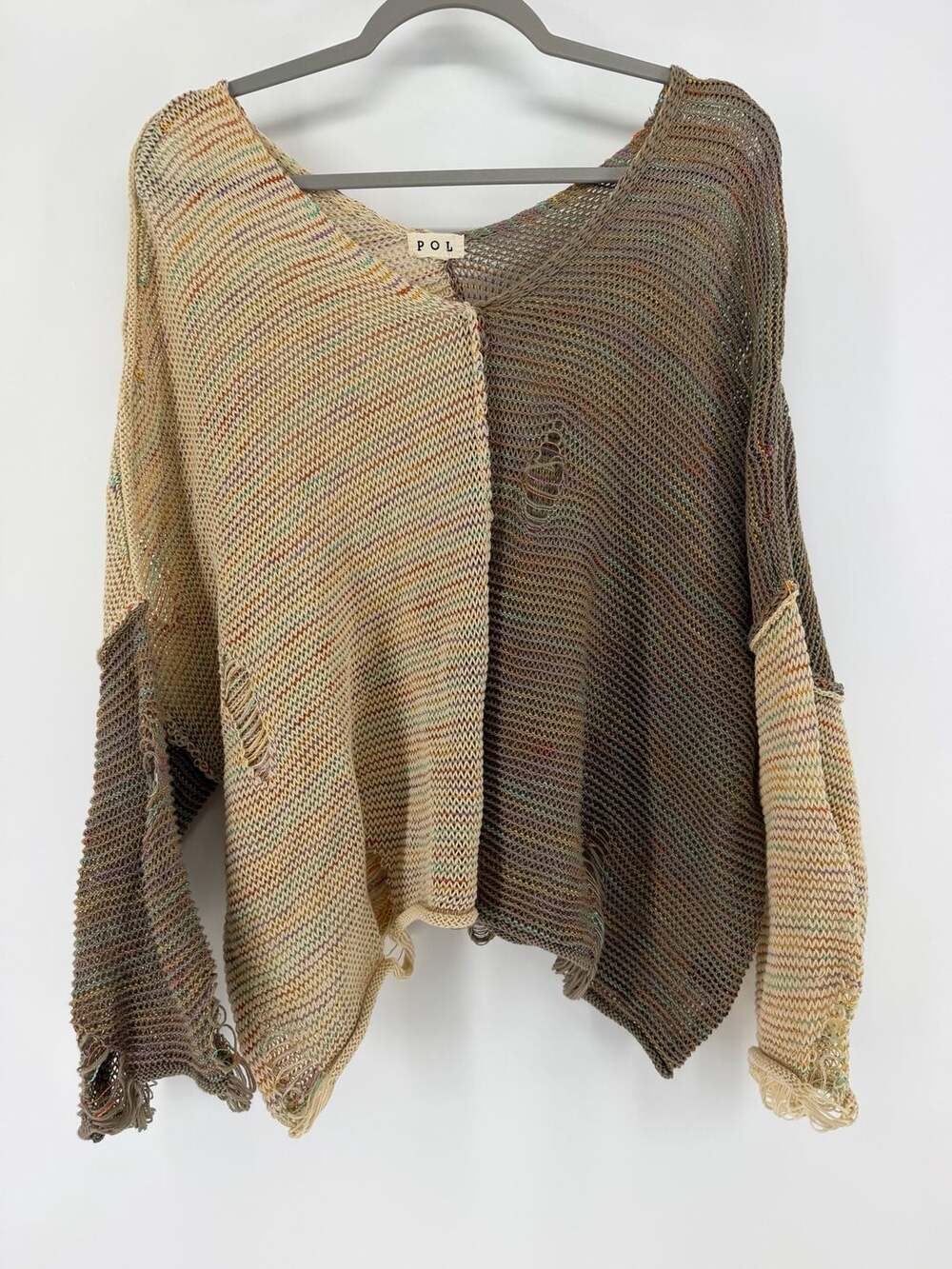 Pol Distressed Open Knit Sweater M Multicolor Two-Tone Boho Asymmetric